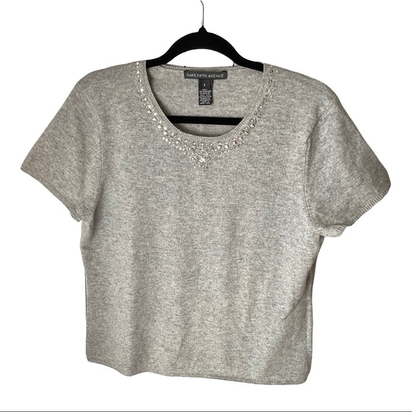 Saks Fifth Avenue Gray Cashmere Silver Sequin Shortsleeve Cropped Sweater Medium - Picture 1 of 6